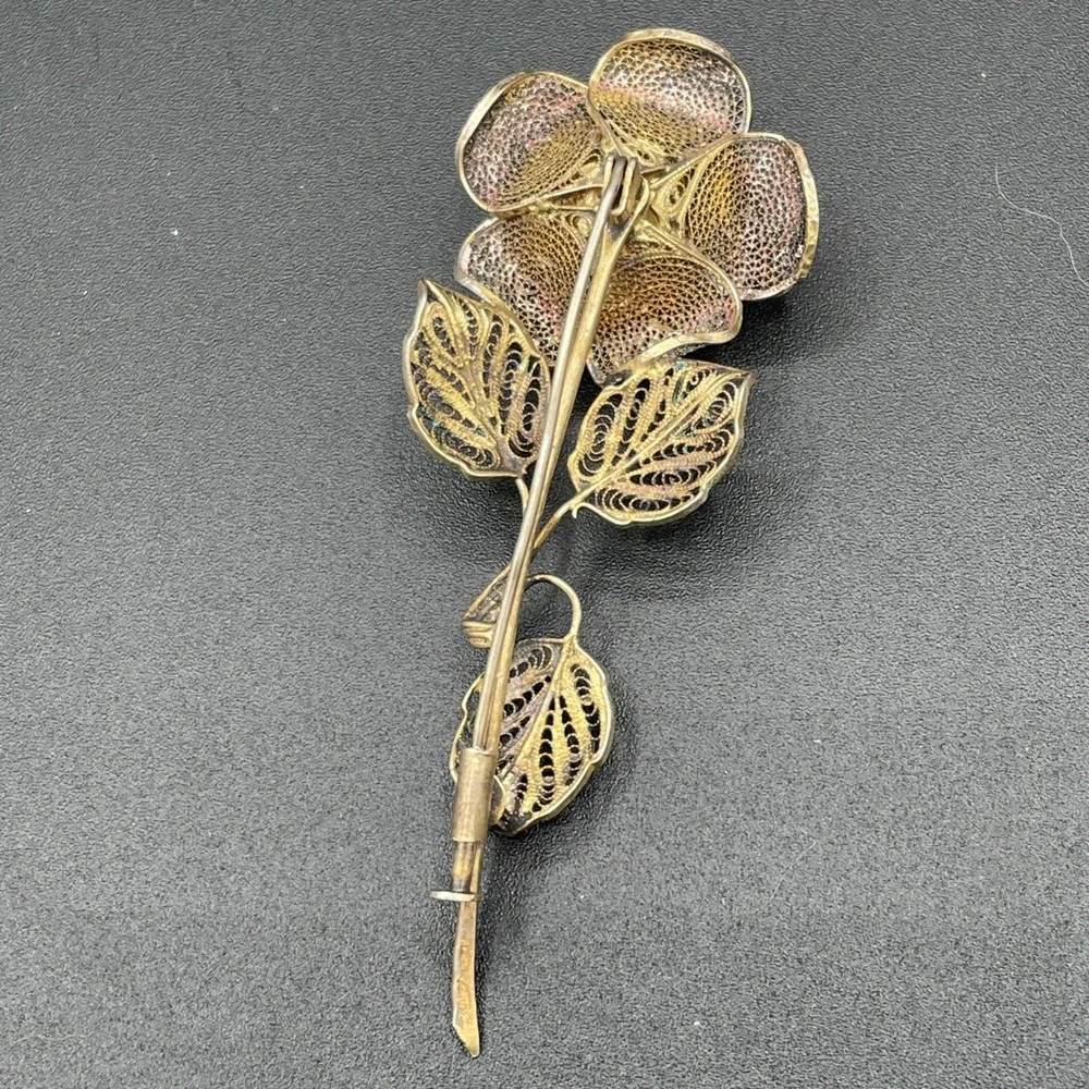 Antique Vintage Sterling Silver Floral Filigree Enamel Brooch Trombone Clasp 40s